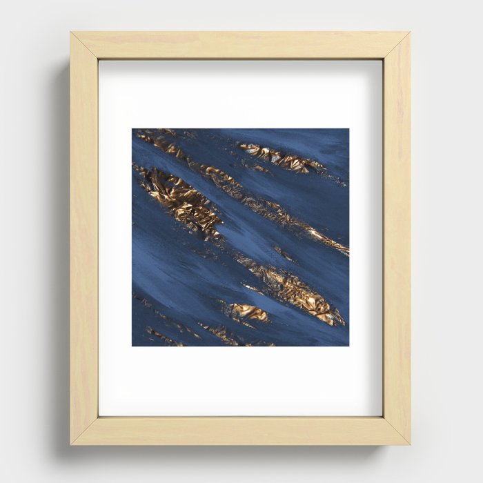 Navy Blue Paint Brushstrokes Gold Foil Abstract Texture Recessed Framed Print