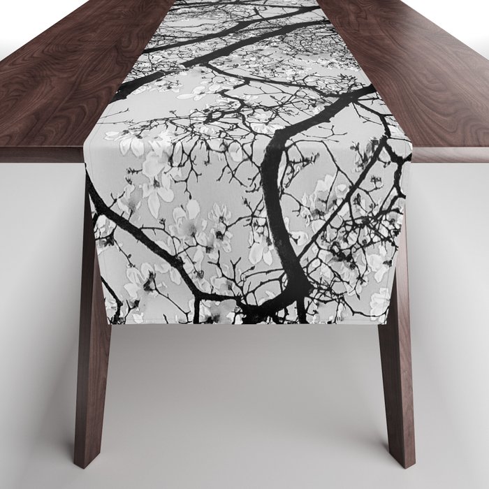 floral tree branches in black and white Table Runner
