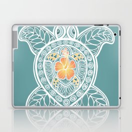 Pasifika Turtles - white on aqua with orange flower Laptop & iPad Skin