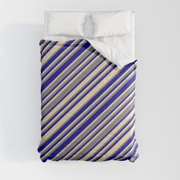 [ Thumbnail: Dark Blue, Tan, and Grey Colored Striped Pattern Comforter ]
