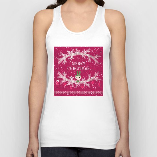 Merry christmas and happy new year greeting card wreath with cute toy bunny background Unisex Tank Top
