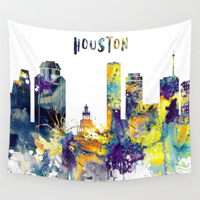Colorful Watercolor Houston Skyline Wall Tapestry By Dimodesigns
