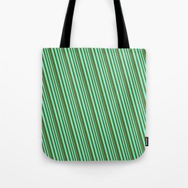 [ Thumbnail: Aquamarine & Dark Olive Green Colored Lines/Stripes Pattern Tote Bag ]