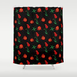 Red poppies on black background Shower Curtain