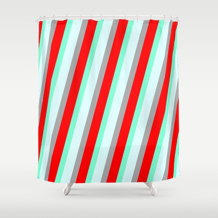 Aquamarine, Light Cyan, Dark Grey & Red Colored Striped/Lined Pattern Shower Curtain