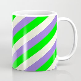 [ Thumbnail: Purple, Lime, and Beige Colored Lines/Stripes Pattern Coffee Mug ]