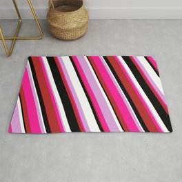 [ Thumbnail: Eyecatching Plum, Deep Pink, Red, Black & White Colored Lined/Striped Pattern Rug ]