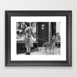 Woman with Cheetah, Phyllis Gordon, with her pet Kenyan cheetah, Paris, France black and white photo Framed Art Print