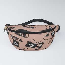 Black Vintage Rotary Dial Telephone Pattern on Cinnamon Brown Fanny Pack