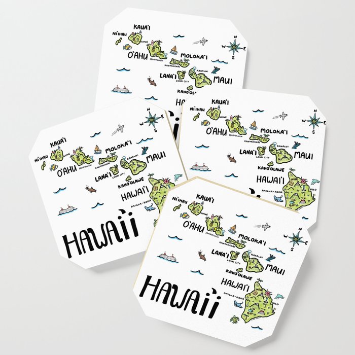 Hawaii Illustrated Map Color Coaster