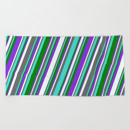 [ Thumbnail: Dim Grey, Turquoise, Green, Purple & Mint Cream Colored Lined Pattern Beach Towel ]