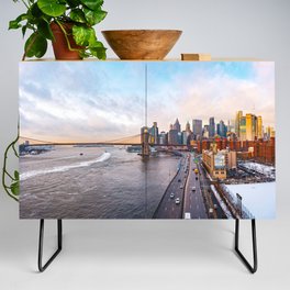 New York City Skyline and the Brooklyn Bridge | Colorful Panoramic Travel Photography in NYC Credenza