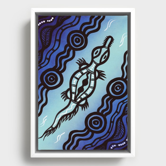 Authentic Aboriginal Art - Crocodile (blue) Framed Canvas