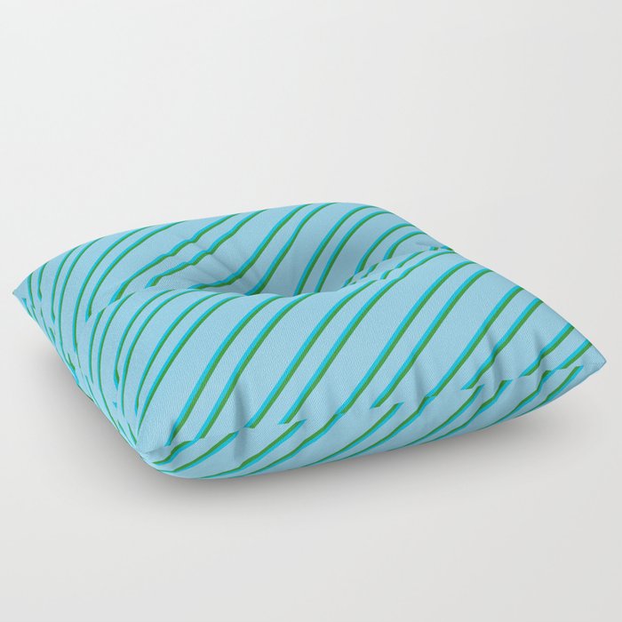 Light Sky Blue, Deep Sky Blue, and Forest Green Colored Striped Pattern Floor Pillow