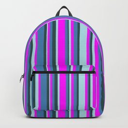 [ Thumbnail: Fuchsia, Blue, Dark Slate Gray, and Powder Blue Colored Lines/Stripes Pattern Backpack ]