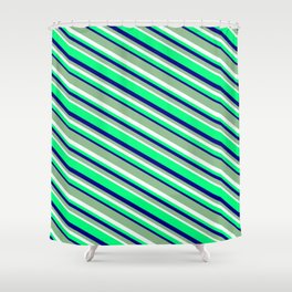 [ Thumbnail: Dark Sea Green, Mint Cream, Green, and Blue Colored Striped Pattern Shower Curtain ]