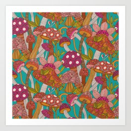 Mushrooms Candy Forest - Blue background Art Print