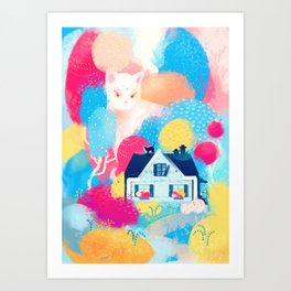 White Cat and Country House Art Print