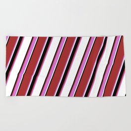 [ Thumbnail: Brown, Orchid, White & Black Colored Pattern of Stripes Beach Towel ]