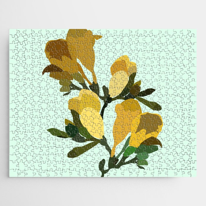 Freesias - Yellow Minimalistic Flower Art Pattern on Mint Green Jigsaw Puzzle
