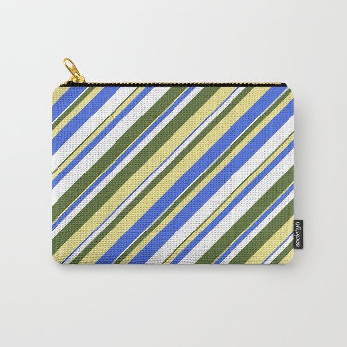 Dark Olive Green, Tan, Royal Blue, and White Colored Stripes Pattern Carry-All Pouch