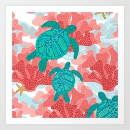 Sea Turtles in The Coral - Ocean Beach Marine Art Print