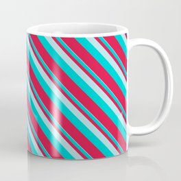 [ Thumbnail: Powder Blue, Dark Turquoise, and Crimson Colored Lined Pattern Coffee Mug ]