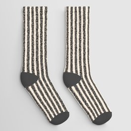 Organic Stripes - Minimalist Textured Line Pattern in Black and Almond Cream Socks | Pattern, Cream, Digital, Monochrome, Colored Pencil, Stripes, Kierkegaarddesign, Minimalist, Organic, Boho 