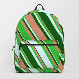 [ Thumbnail: Dark Salmon, Lime Green, Light Cyan, and Dark Green Colored Stripes/Lines Pattern Backpack ]