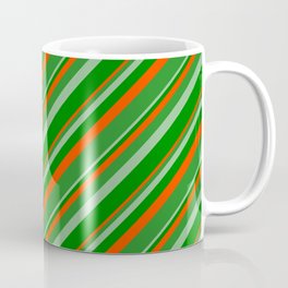 [ Thumbnail: Dark Sea Green, Green, Red & Forest Green Colored Lined/Striped Pattern Coffee Mug ]