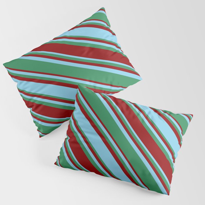 Sky Blue, Sea Green, and Dark Red Colored Lined/Striped Pattern Pillow Sham