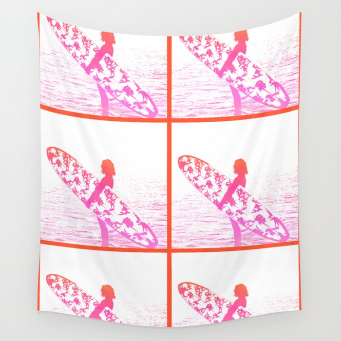 Retro Woman and Surfboard Pink Wall Tapestry