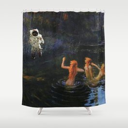 The Astronaut and the Redheaded Maidens, space and time travel magical realism portrait painting Shower Curtain