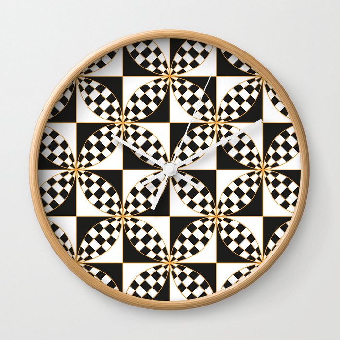 Checkered Black and White Flower Pattern Wall Clock