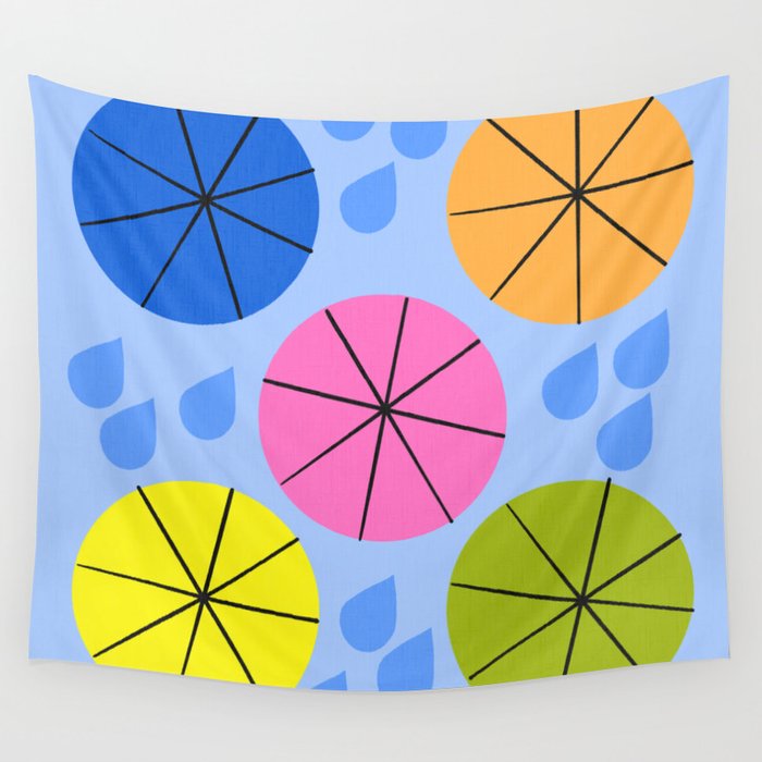 Mid-Century Modern Spring Rain Colorful And Blue Wall Tapestry