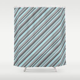 [ Thumbnail: Dim Grey, Powder Blue, and Dark Grey Colored Striped Pattern Shower Curtain ]