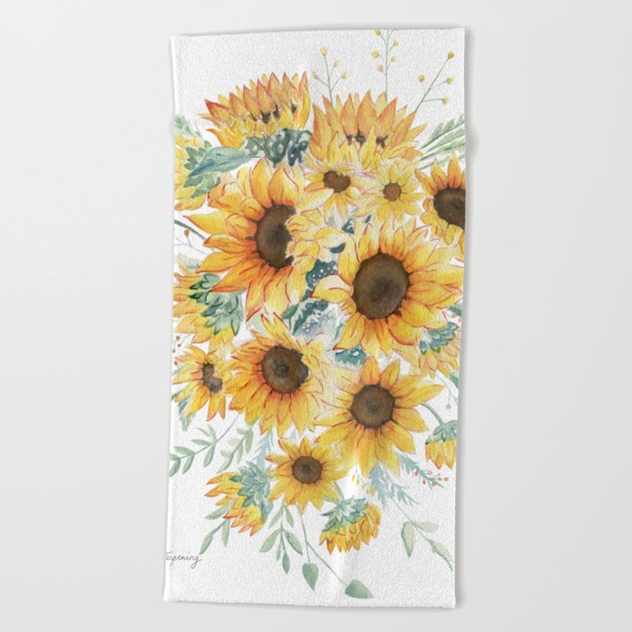 Loose Watercolor Sunflowers Beach Towel