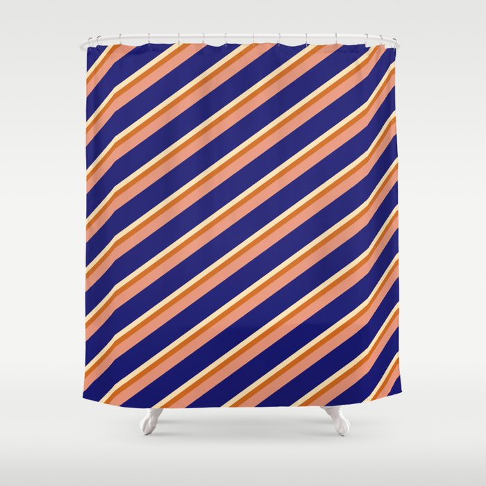 Beige, Chocolate, Dark Salmon, and Midnight Blue Colored Pattern of Stripes Shower Curtain