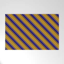 [ Thumbnail: Dark Goldenrod & Blue Colored Stripes Pattern Welcome Mat ]