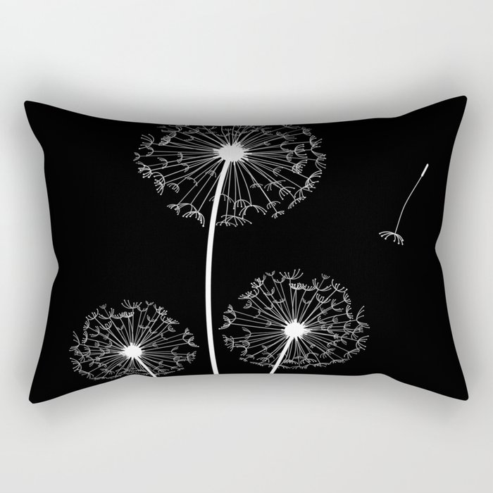 Dandelion Three White on Black Background Rectangular Pillow