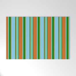 [ Thumbnail: Chocolate, Aquamarine, Sky Blue & Green Colored Stripes Pattern Welcome Mat ]