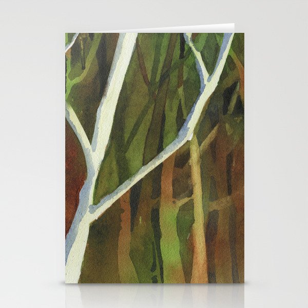 Trees in forest.  Fine art watercolor painting trees forest green brown artwork tree trunk decorative art Stationery Cards