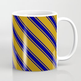 [ Thumbnail: Dark Goldenrod & Blue Colored Stripes Pattern Coffee Mug ]