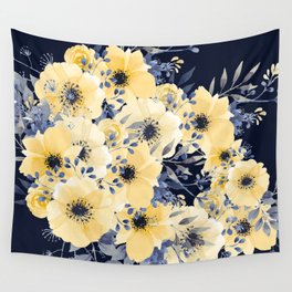 Floral Watercolor Print, Yellow and Navy Blue Wall Tapestry