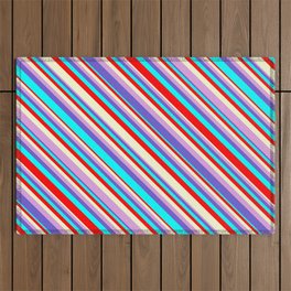 [ Thumbnail: Eyecatching Light Yellow, Plum, Slate Blue, Aqua & Red Colored Stripes/Lines Pattern Outdoor Rug ]