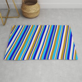 [ Thumbnail: Beige, Dark Goldenrod, Deep Sky Blue & Blue Colored Stripes Pattern Rug ]