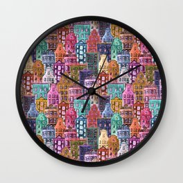 Seamless Pattern of Watercolor Old Europe Houses 09 Wall Clock | Graphicdesign, Colorful, Street, City, Wrapping, Backdrop, Fabric, Cityscape, Europen, House 