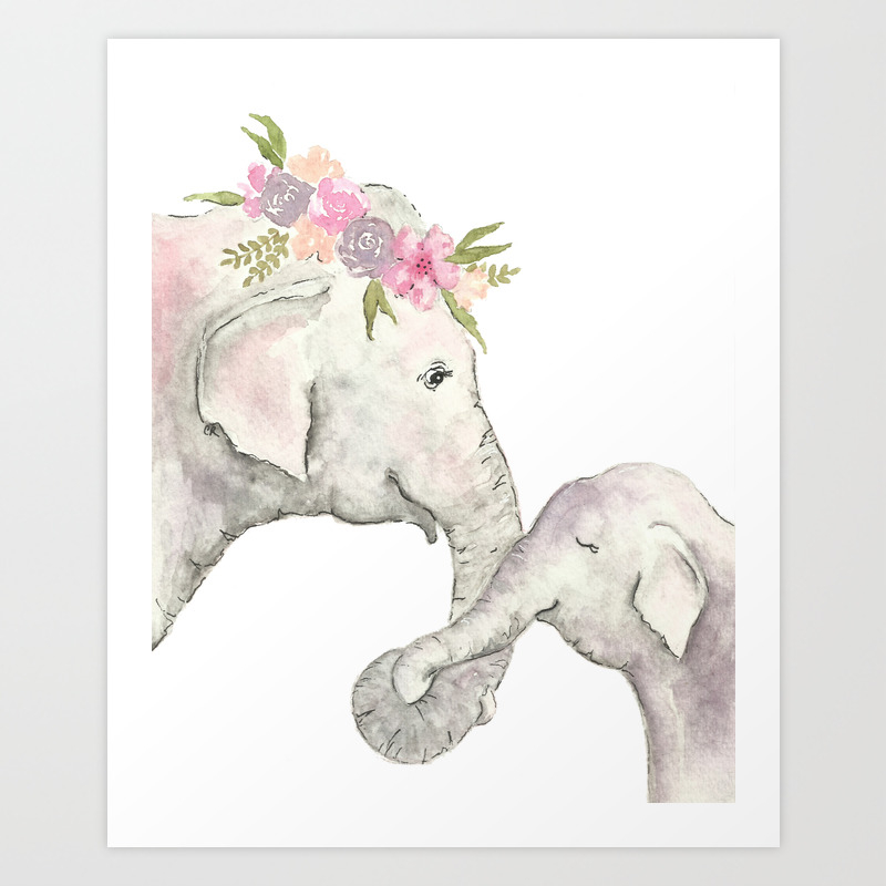Elephant Mother And Baby Watercolor Art Print By