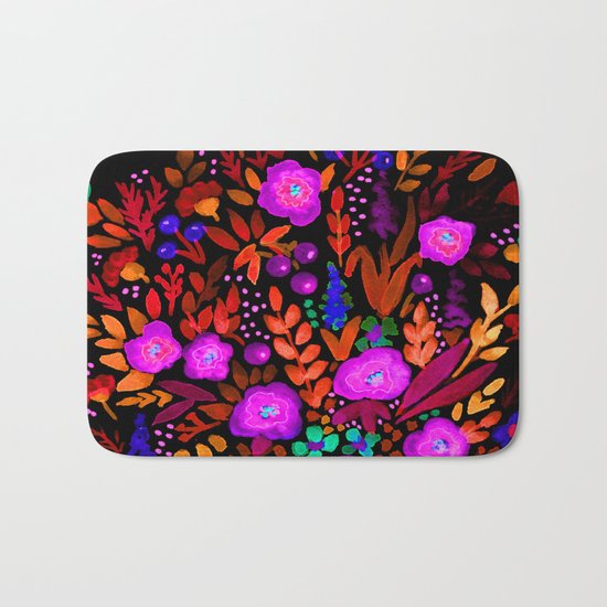 Watercolor colorful flower pattern on a black background . Bath Mat