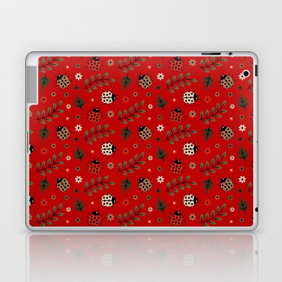 Ladybug and Floral Seamless Pattern on Red Background Laptop & iPad Skin